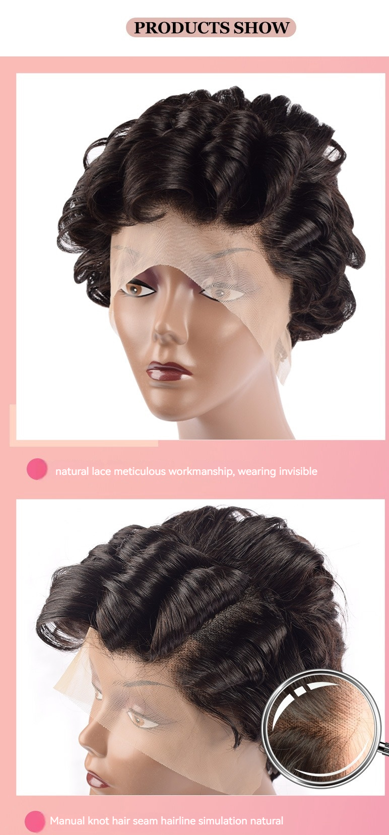 Reveal your natural beauty with our AF Pixie Wig, showcasing curly strands in a full frontal lace design and meticulously crafted from human hair for a stunning and authentic look.